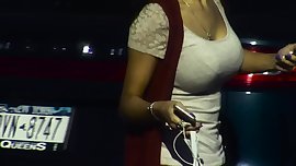 candids - busty girl big tits tight top & bra outline