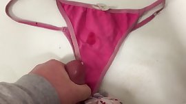 Wanking and cumming over g-string panties