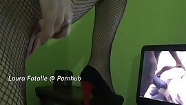 Teen in stockings and heels masturbating while watching porn-Laura Fatalle