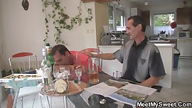 His blonde teen gf rides old man cock